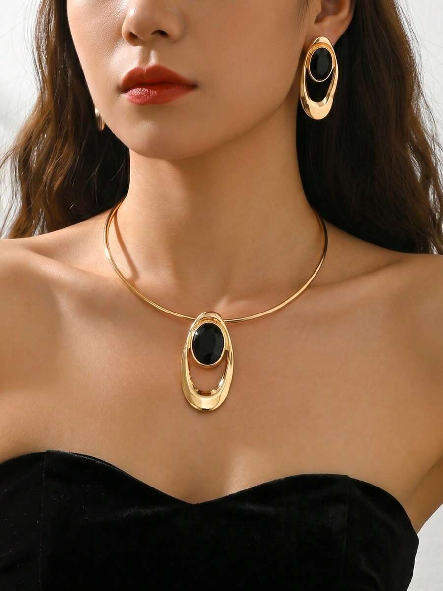 3pcs Elegant Creative Necklace + Earrings Jewelry Set, Fashionable Personalized Metal Geometric Asymmetrical Oval Pendant Necklace With Acrylic Bicolor Design, Versatile For Daily, Festival, Party - Collar - View 1