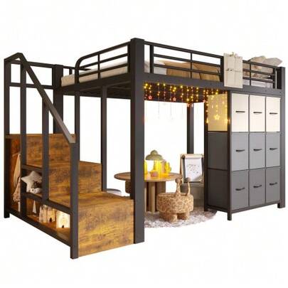 High Bed, 140*200 Cm, Metal, With Drawers, Clothes Rail, Guardrail, Ladder With Storage Space, Without Mattress, Black