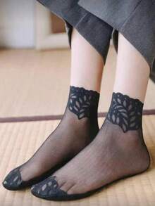 5双装女士网眼透气蕾丝短袜，春夏款 - 黑色 - 查看 2