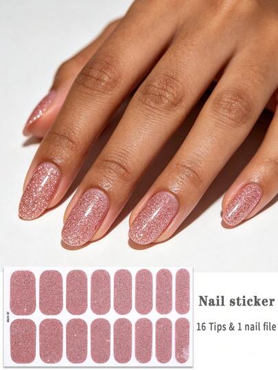 16Pcs Solid Pink Glitter Nail Wraps,Spring/Summer Exquisite Luxurious Nail Stickers, Easy To Apply, Suitable For Women's Daily Casual Home DIY Nail Art Stickers.