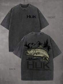 Men's Huk Trout Fishing Graphic Washed T-Shirt, Vintage Crew Neck Short Sleeve Casual Tee, Suitable For Workouts. Loose And Comfortable, Casual And Easy To Wear, High-Quality Wax Printed Cotton Retro Fashion Brand T-Shirt, Men's T-Shirt, Beach Must-Have, Men's Summer T-Shirt, Holiday Gift, Perfect Gift, Outdoor Fishing Shirt - 黑色 - 查看 1