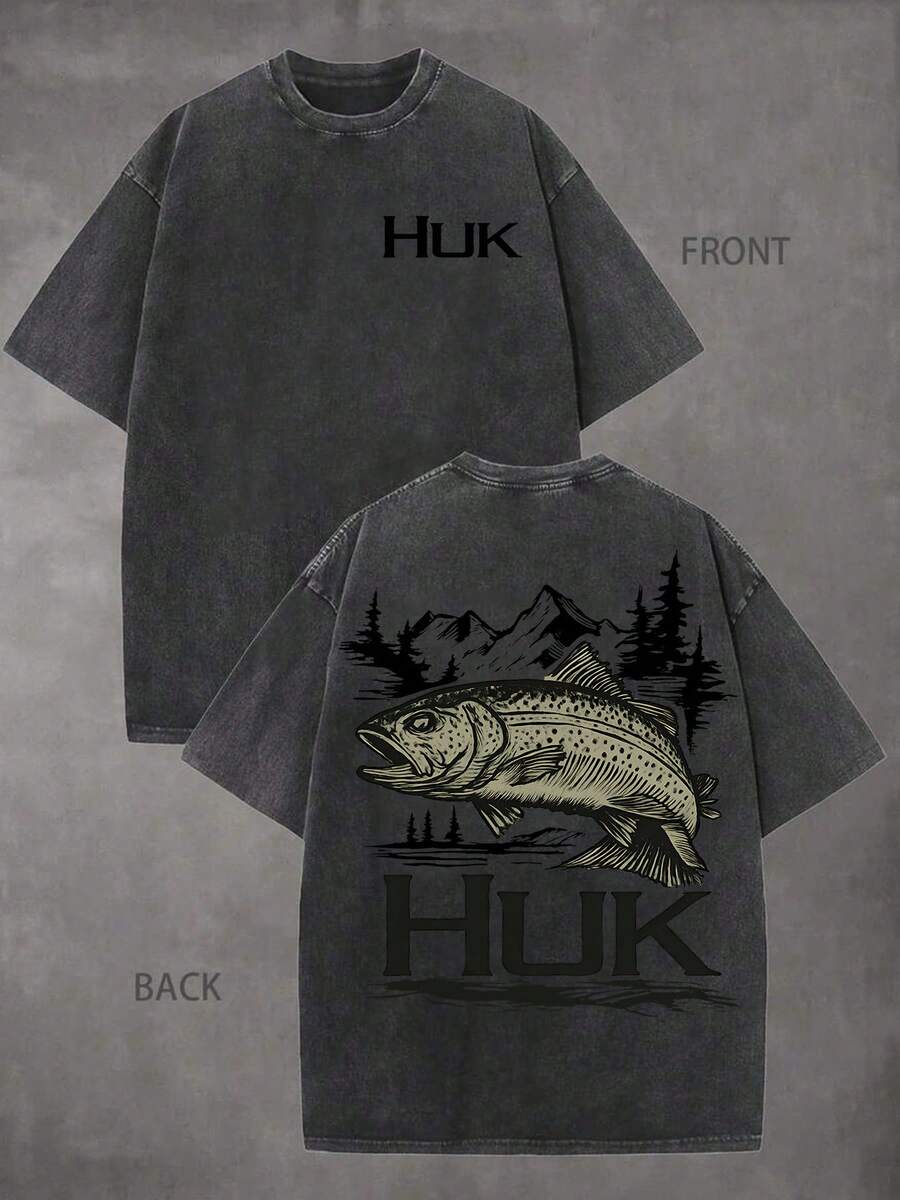 Men's Huk Trout Fishing Graphic Washed T-Shirt, Vintage Crew Neck Short Sleeve Casual Tee, Suitable For Workouts. Loose And Comfortable, Casual And Easy To Wear, High-Quality Wax Printed Cotton Retro Fashion Brand T-Shirt, Men's T-Shirt, Beach Must-Have, Men's Summer T-Shirt, Holiday Gift, Perfect Gift, Outdoor Fishing Shirt - 黑色 - 查看 1