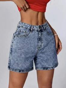 Teen Girls Casual Blue Button Pocket Denim Shorts - Blue - View 4