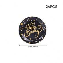 Juego de vajilla desechable de cumpleaños en negro y dorado, platos de papel de 9 pulgadas y 7 pulgadas, vasos de papel de 9 onzas, servilletas, kit de vajilla con estampado de confeti negro y dorado/plateado para celebración de cumpleaños de adultos, fiesta formal - Multicolor - Ver 12