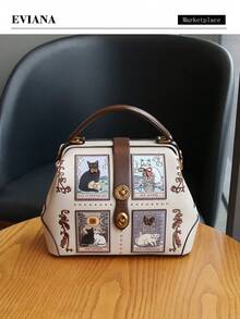 2026 New Arrival Niche Design Large Capacity Luxury Cute Cat Clip Bag, Exquisite Hardware & Embroidered Women Handbag, Retro Color Block Unique Shoulder Crossbody Bag - Multicolor - View 3