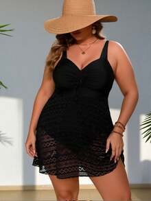 2026 New Arrival Women's Lace Swim Dress, V-Neck Drawstring One Piece Swimsuit With Built-In Briefs, Modest Plus Size Beach Dress - Black - View 4