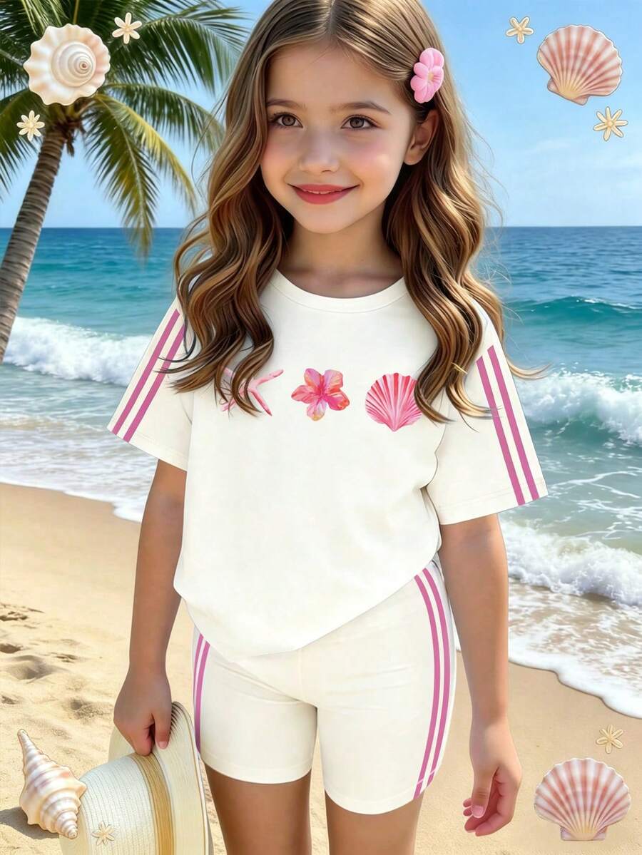 2pcs/Set Young Girls Summer Outfit, Cute Cartoon Print Loose Round Neck Short Sleeve T-Shirt And Shorts, Casual Style Suitable For Spring/Summer, Beach, Weekend Activities, Adorable Summer Set - Apricot - View 1