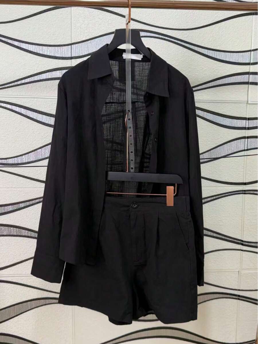 Linen Shirt And Shorts Set (2 Pieces) - Black - View 1