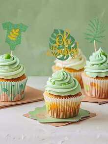 12pcs/Set Jungle Safari Cupcake Toppers, Green Glitter Palm Leaf & Baby Bodysuit Picks For BabyShower, Gender Reveal, Birthday Party Cake Decorations - Golden Green - View 5