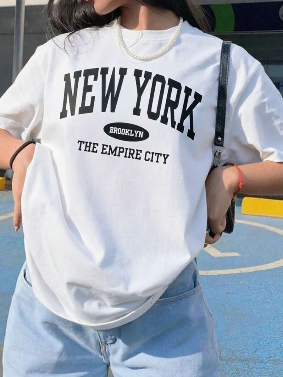 女款圓領短袖T恤,夏季新款字母印花,休閒寬鬆百搭上衣,時尚日常穿搭白色 - 白色 - 查看 1