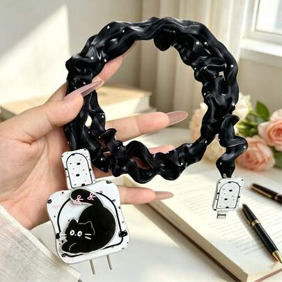 Black Cat Polka Dot Charging Adapter & Cable Protective Set, Durable Apple 18-20W Charging Cable Protector Case, Anti-Breakage Cable Organizer