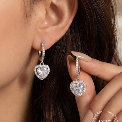 1 Pair Classic Cubic Zirconia Teardrop Heart Earrings, 925 Sterling Silver Jewelry, Versatile Love Earrings, Delicate Jewelry Gift, Suitable For Girls Daily, Date, Party, Valentine's Day And Other Occasions
