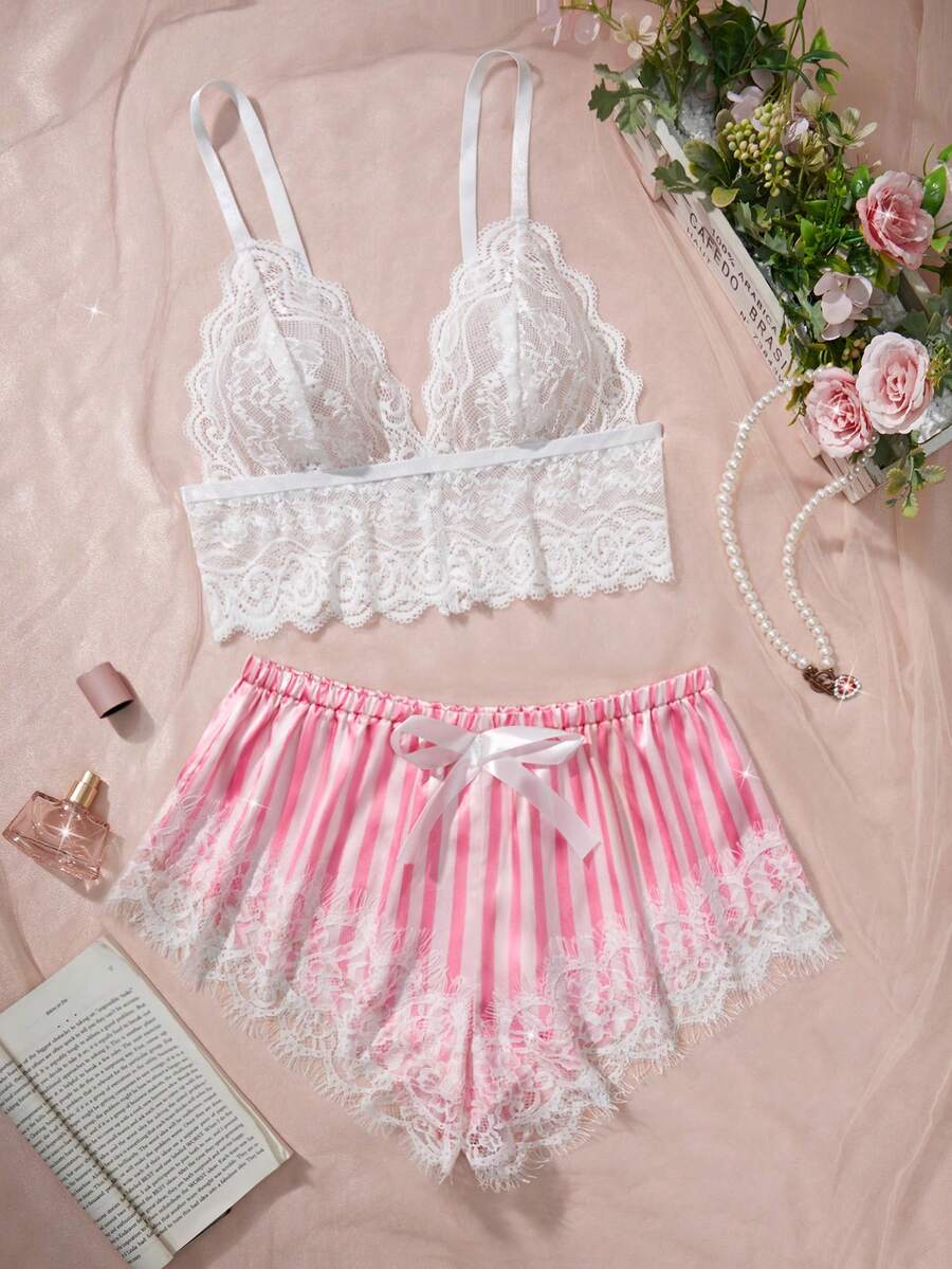 Women Stripe Sheer Lace Triangle Bra & Bow Satin Shorts Lingerie Set Exotic Sweet Romantic Sleepwear Silky Soft Underwear For Boudoir Valentine Night - Pink - View 1