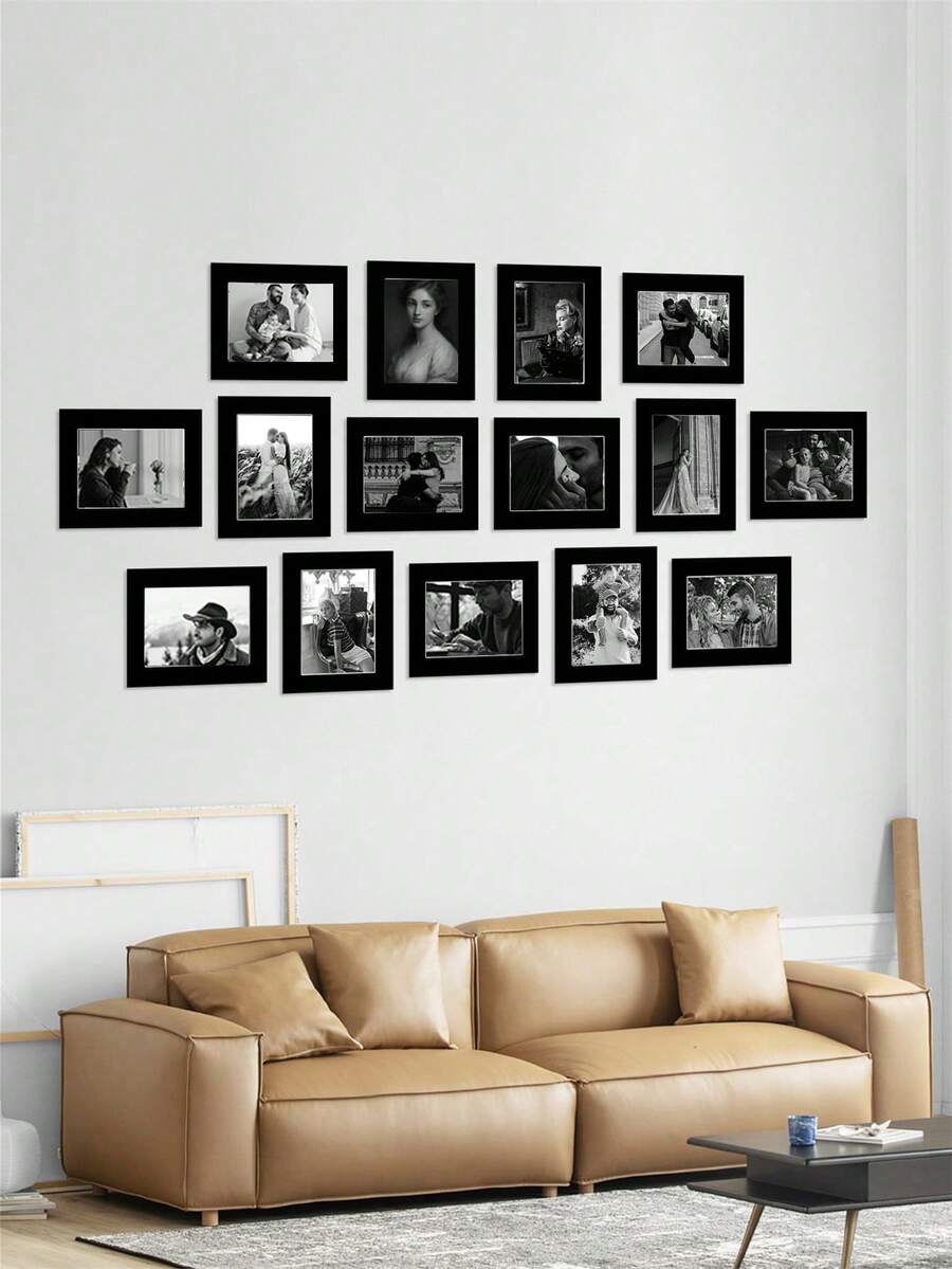 15pcs Black (With Backing Board) Minimalist & Elegant Corridor Wall Decor Memorial Paper Photo Frame Wall Hanging (Paper Product)