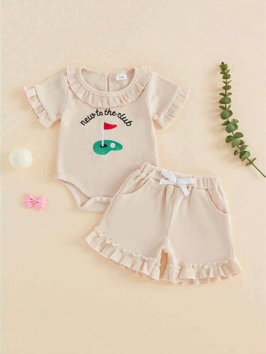 Baby Girl Golf Outfit New To The Club Golf Embroidery Ruffle Romper With Ruffle Hem Shorts Set Infant Soft Waffle Knit Summer Casual Clothes - Khaki - View 1
