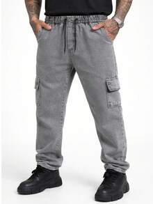 Men's Marbled Denim Cargo Pants Without Lycra, Drawstring Waist. - Light Grey - View 1