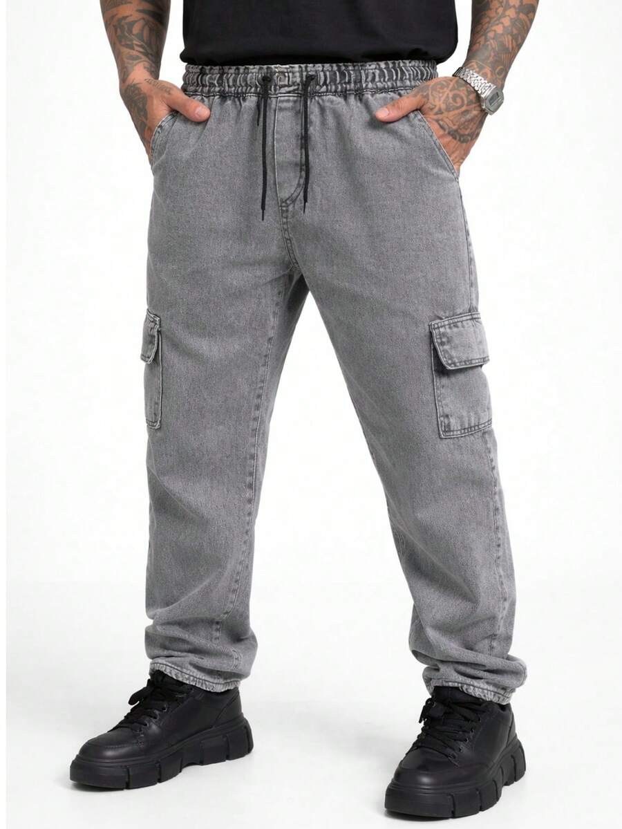 Men's Marbled Denim Cargo Pants Without Lycra, Drawstring Waist. - Light Grey - View 1