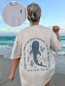 Plus Size Women's T-Shirt - Women's Fashionable Summer Crew Neck Short Sleeve-Shirt, Soft And Comfortable, Casual And Versatile. Featuring Ocean Life Whale Shark, Coral, Seaweed, Christian When You Pass Through Waters, I Will Be With You English Letter Print Pattern, Exuding Youthful Vitality. Suitable Back To School Season, Casual, Running,, Party, And Other Occasions. Loose, Streetwear Style, Also Suitable Outdoor Wear, An Choice Summer Outfits. Casual Daily Wear-Shirt,Retro-Shirt,Clothing Autumn And Winter,Male And Female Neutral Short Sleeves,Clothes Plus Size,Sweatshirt,Clothes Women,Tops,New Year's Clothing,Womens Tops,Spring,Summer Tops Women,Spring Clothes,Vacation Outfits Women,Valentines Gifts,Summer - Grey - View 12