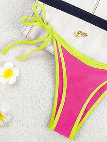 Traje de baño para mujer Swim Mod 2026 Primavera/Verano, con tirantes finos y cuello halter, en azul marino y amarillo en contraste, conjunto de bikini con lazo lateral para vacaciones. - Multicolor 2 - Ver 5