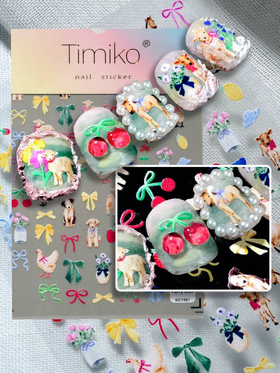 1 Sheet Macaron Cute Girl Nail Art Stickers, Featuring Teddy Bear, Rabbit, Duck, Pony And Other Adorable Animals, Paired With Macaron Colors, Bows, Strawberries, Floral Bouquets, Baby Bottles, Candies, Healing Soft And Sweet, Fresh Style, Perfect For Casual, Campus, Girlfriend Dates, Theme Parties - Multicolor - View 1