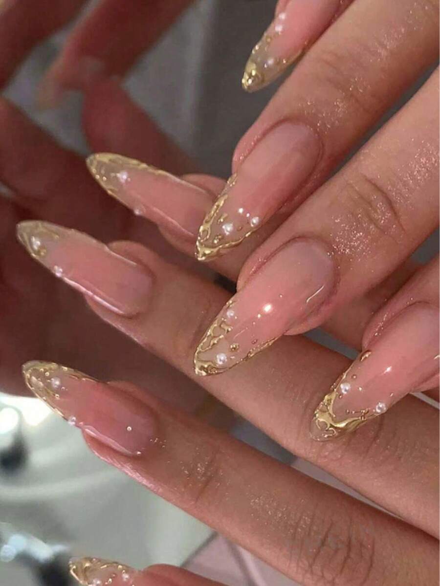 Améliorez votre style, 24 pièces de stickers d'ongles en gel 3D de forme amande longue, stickers de manucure française à design de perles, set de faux ongles acryliques de taille moyenne à presser, comprend : 1 pièce de gel de gelée et 1 pièce de lime à ongles, ongles en forme d'amande française convenant aux femmes et aux filles pour le travail quotidien, les festivals et les fêtes - Doré - Voir 1