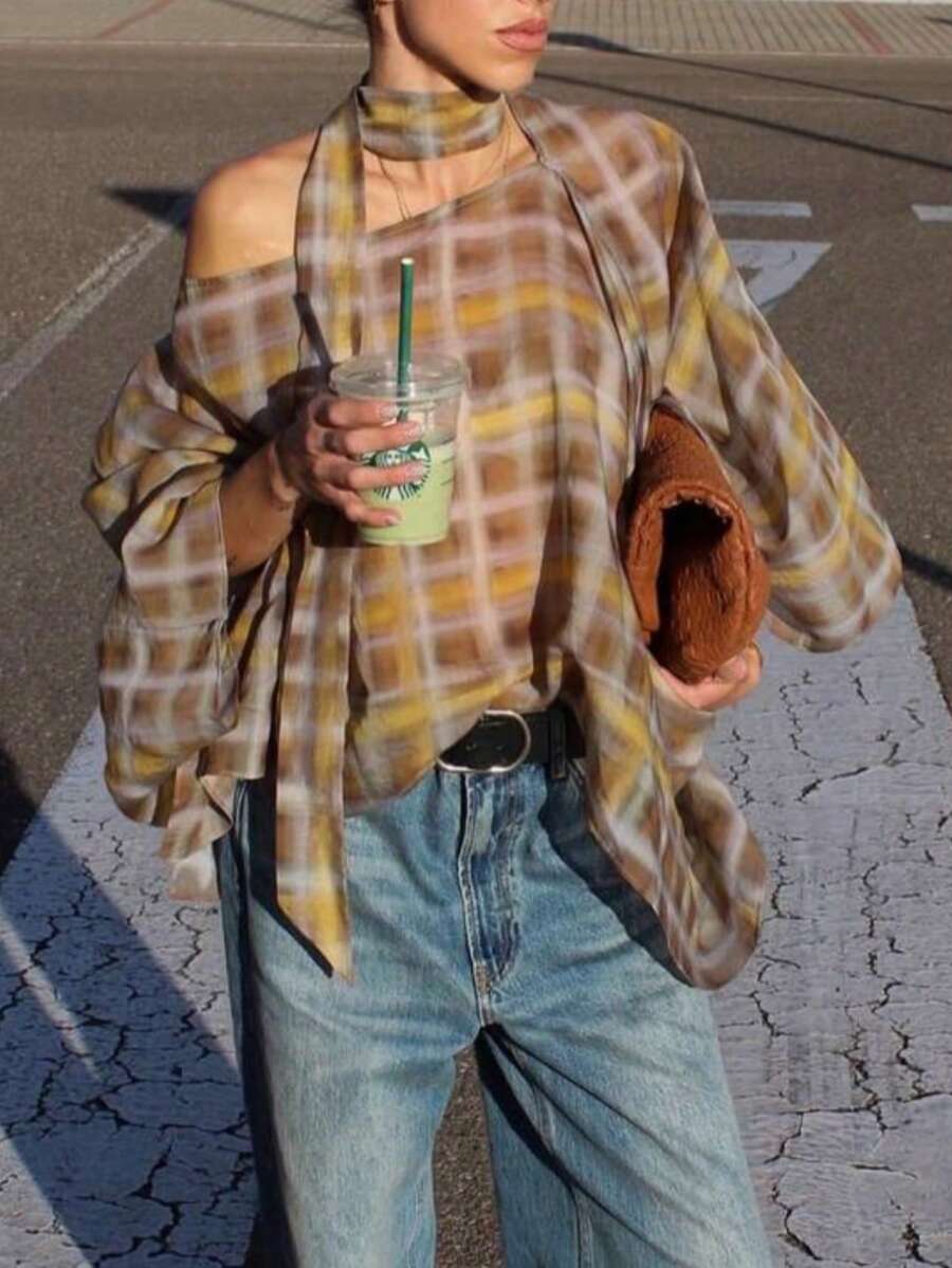 DEEKA 春夏新款女士欧美风圆领蝙蝠袖格子罩衫 - 格子 - 查看 1