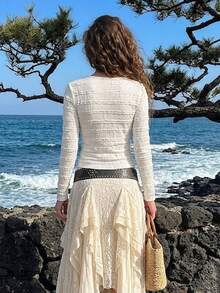 Áo khoác cardigan dệt kim dài tay màu trắng, chất liệu mỏng nhẹ, kiểu dáng buộc dây phía trước, thích hợp cho nữ mùa xuân. - trắng - Xem 6