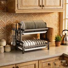 紧凑型碗碟沥水架 - 小型厨房碗碟沥水架，带餐具架、砧板架和全尺寸沥水盘 - 卫生碗碟沥水架 - 彩色 - 查看 3