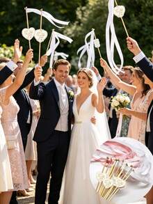 13pcs Ribbon Wands, White/Pink Ribbon Sticks With Heart Thank You Cards, Wedding Ceremony Decor, Loose Ribbon Dancer Wands, Sparklers, Wedding Farewell Items, Party Favors, Streamers, Suitable For Party Celebration Decor, Wedding Celebration Decor, Ribbon Sticks - Multicolor - View 6