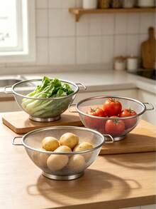 1/3pcs Stainless Steel Mesh Colander Set, S/M/L 3 Sizes, Multi-Functional Vegetable & Fruit Washing & Draining Basket - Multicolor - View 7