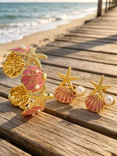1 Set Ocean Style Jewelry Set With Starfish And Seashell Plastic Decor Bracelet And Earrings, Suitable For Women To Wear On Beach Vacation, Beach Party Or Date