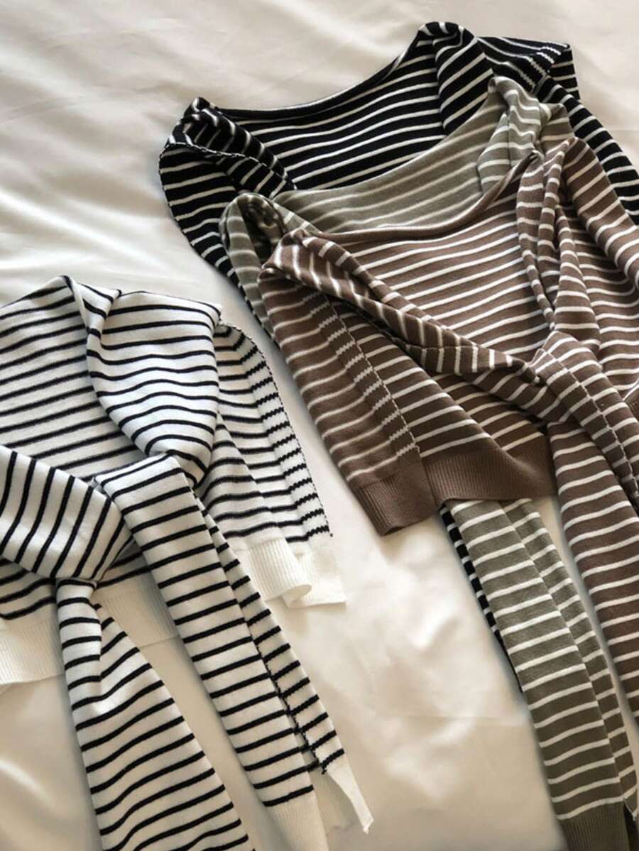 1pc Women's Fashion Striped Knit Cardigan With Contrast Color Shawl Collar, Versatile Spring/Summer Air-Conditioning Shawl, Suitable For All Seasons, Pair With RC Dress,Travel Essential,Beach Towel - Multicolor - View 1