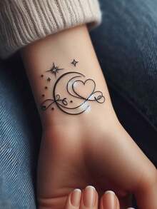 One Valentine's Day Temporary Temporary Tattoo Sticker, Featuring A Gentle And Romantic Star, Moon, And Heart Theme. Waterproof, Sweatproof, Washable, And Non-Reflective, It Mimics The Effect Of A Tattoo On The Arm And Shoulder, Suitable For -Conscious Individuals. It Can Be Used For 3 To 5 Days. - Black - View 5