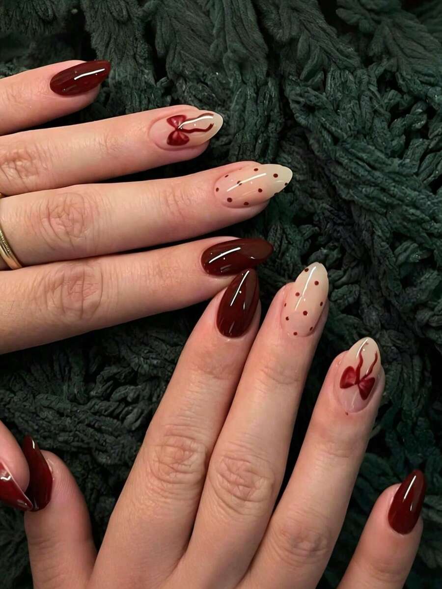 24 Pcs Medium Almond Press On Nails, Red Polka Dot Bow Design, Glossy Full Cover, Simple Style, With 2 Accessories, For Women And Girls Daily Wear, Autumn And Winter Nail Set