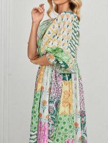 Đầm dài tay phồng kiểu Bohemian cỡ lớn dành cho nữ, cổ chữ V thắt nơ, kiểu dáng thanh lịch cho kỳ nghỉ. - màu xanh lá - Xem 4