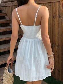Elegant White Striped Sleeveless Fitted Flared Mini Dress With A Cinched Waist And Front Tie Design For Women, Perfect For Spring And Summer White Dress For Women Elegant Dresses For Ladies,Summer Dresses For Women - 白色 - 查看 2