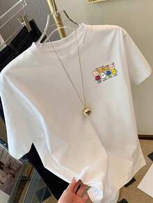 Talla unisex. Camiseta de algodón de verano de talla grande para mujer. Camiseta de manga corta con estampado frontal y trasero - Día del Niño, estampado de moda de amistad - Camiseta de mujer con estampado de moda primavera/verano, artículo de moda. Material absorbente de sudor, suave y agradable para la piel. - Blanco - Ver 5