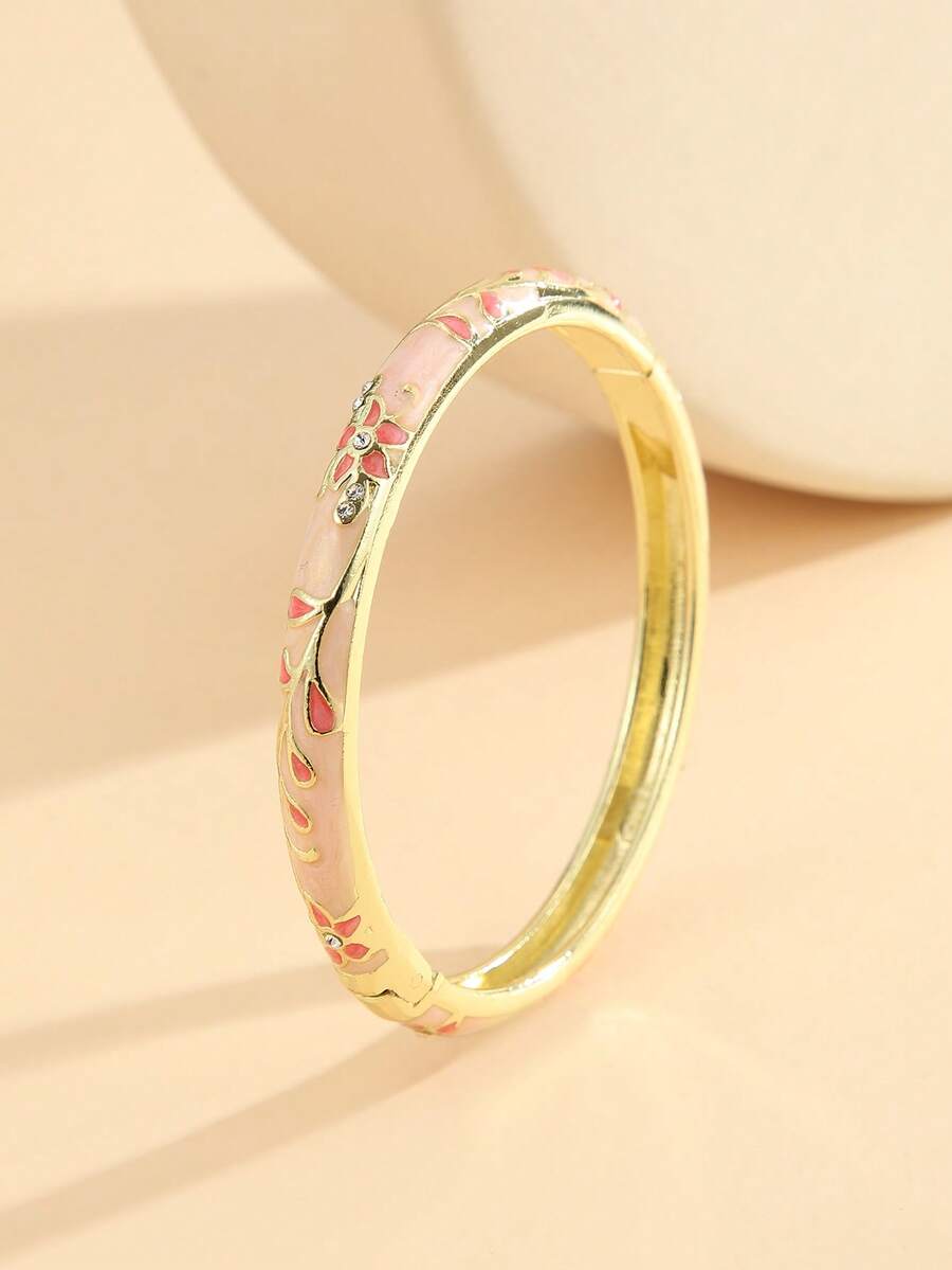 1pc Fashion New Style Gold Plated Enamel Cloisonne Rhinestone Floral Vine Pattern Bangle Bracelet Hinged Cuff For Girls Women Daily Jewelry Gift Pink - Pink - View 1