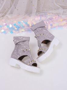 1 Pasang Sandal Musim Panas Anak Perempuan Warna Lavender Berkilau, Model Tinggi dengan Resleting, Desain Berongga, Sol Tebal, Motif Pita Perak, Dekorasi Paku Keling Emas, Cocok untuk Gaya Jalanan dan Pakaian Pesta - Mauve Purple - View 5