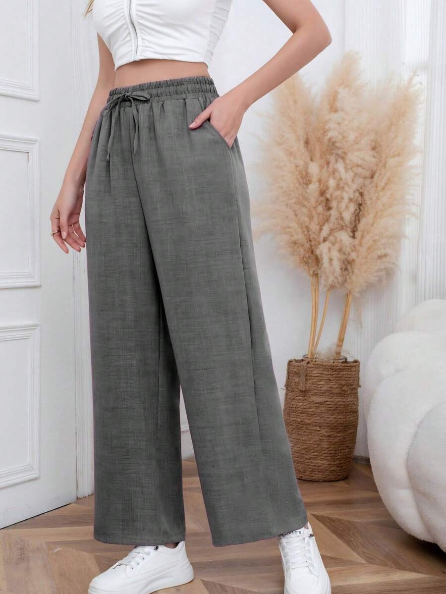 Women's Casual Polyester Drawstring Waist Wide Leg Pants, Long Baggy Trousers With Slight Stretch For Chic Style - 灰色 - 查看 1
