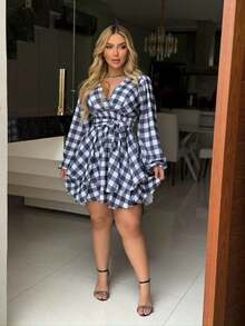 Women's Short Checkered Dress With Puff Sleeves And Layered Skirt, Sizes 38 To 44. - trắng - Xem 1