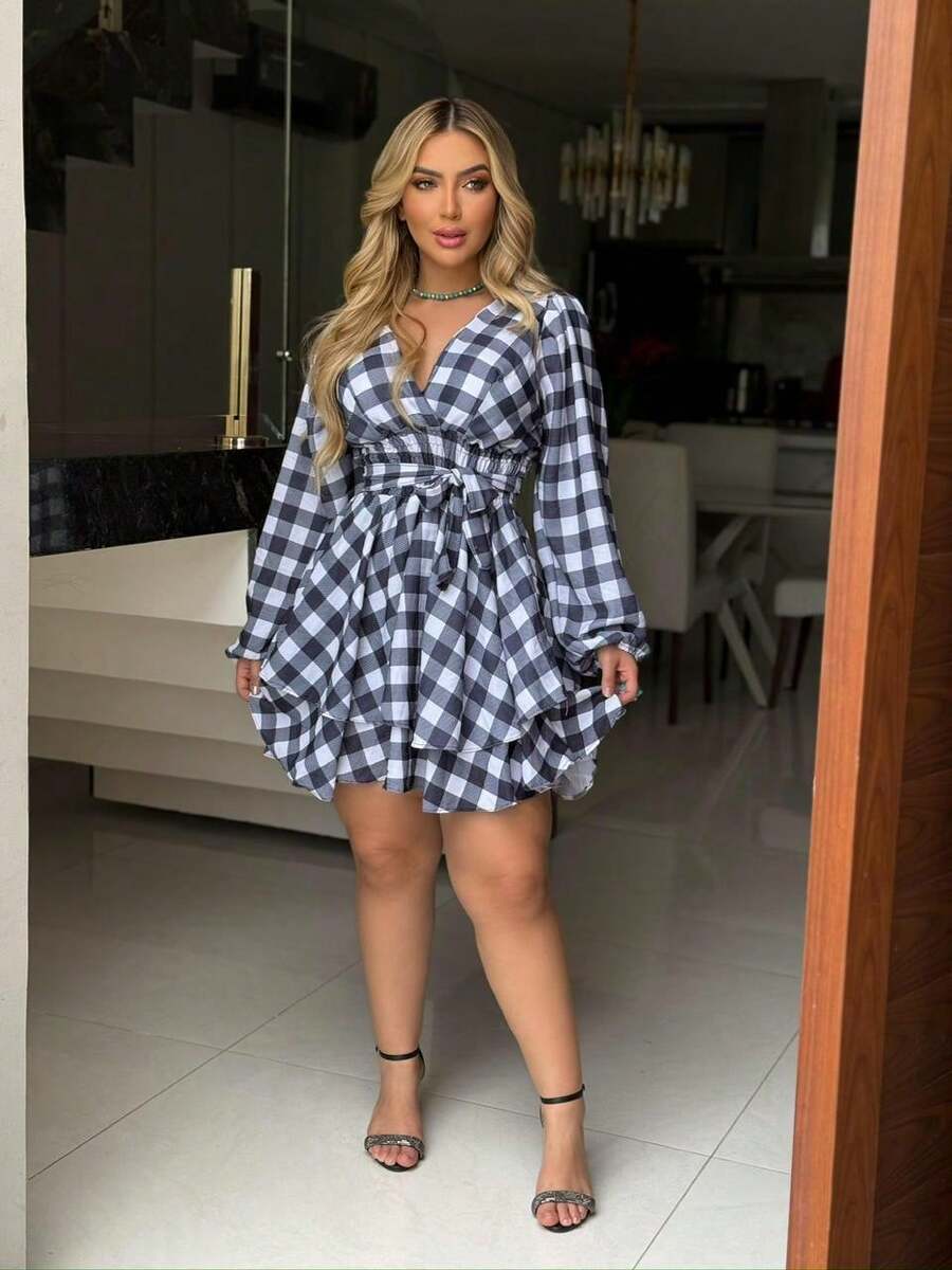 Women's Short Checkered Dress With Puff Sleeves And Layered Skirt, Sizes 38 To 44. - trắng - Xem 1
