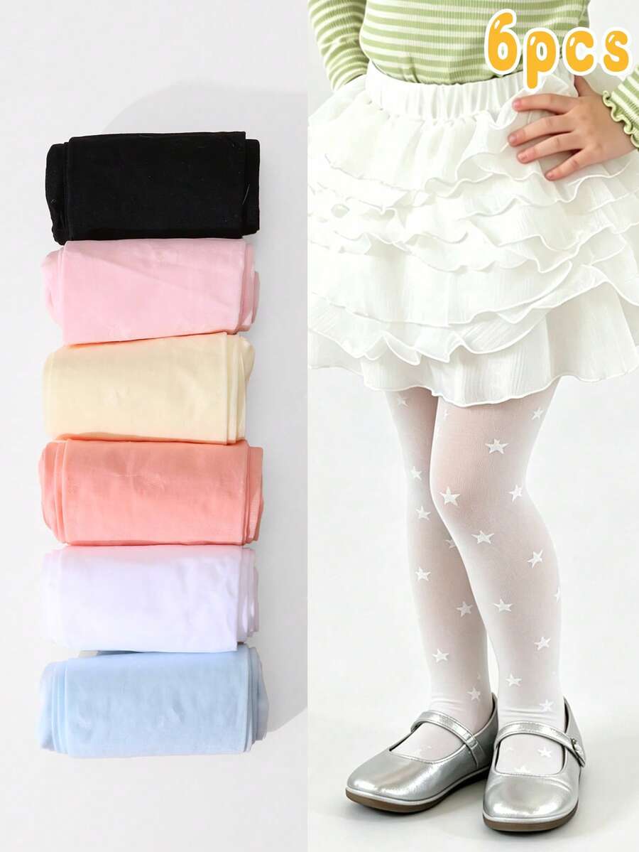 6pcs Girls Velvet Tights, High Elasticity Fabric, Basic Pantyhose Suitable For Dancing Practice And Daily Wear, All Seasons