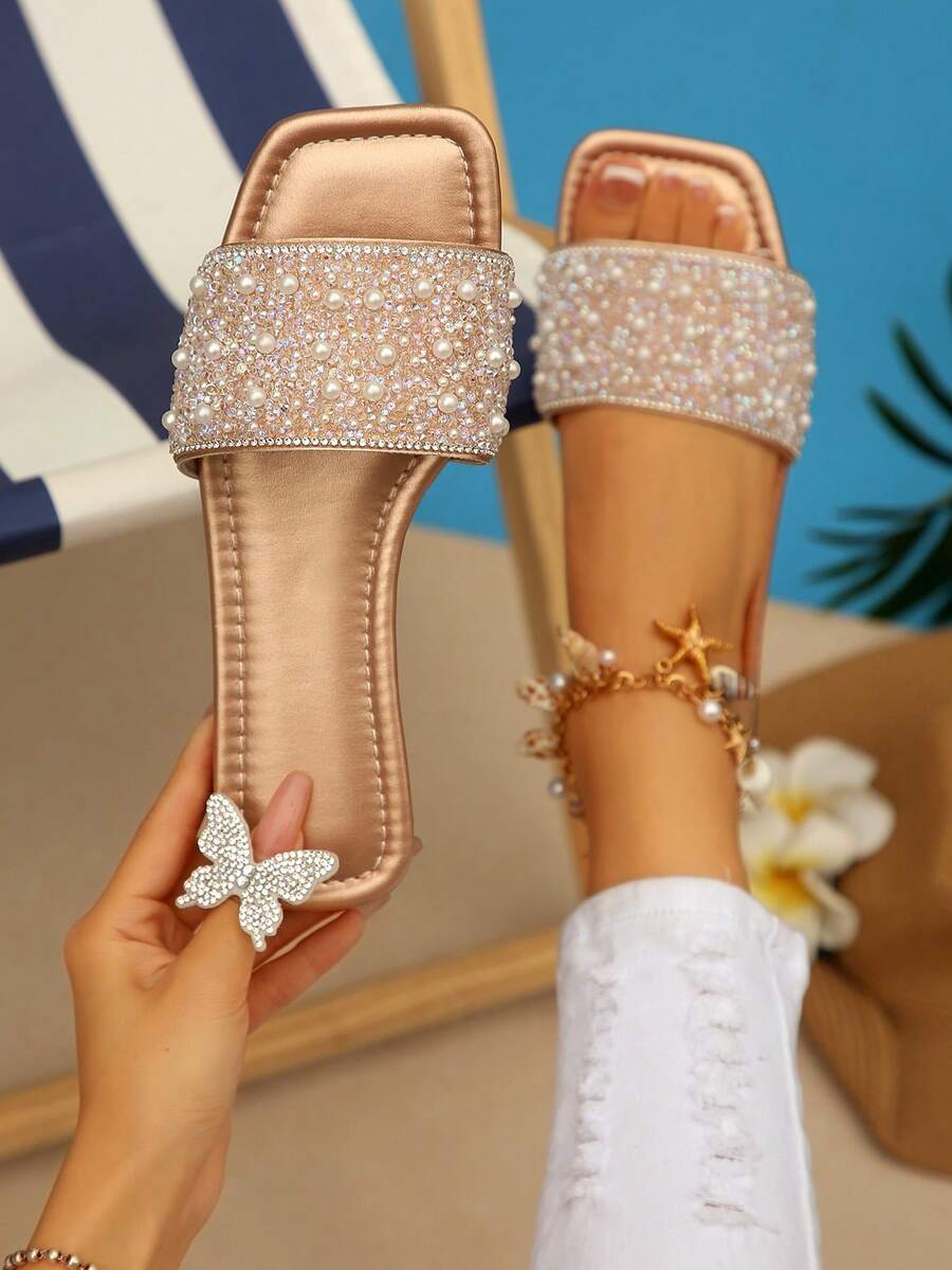 Women's One-Strap Rhinestone Sandals, Casual Versatile Outdoor Plastic Flat Slippers - Champagne - View 1