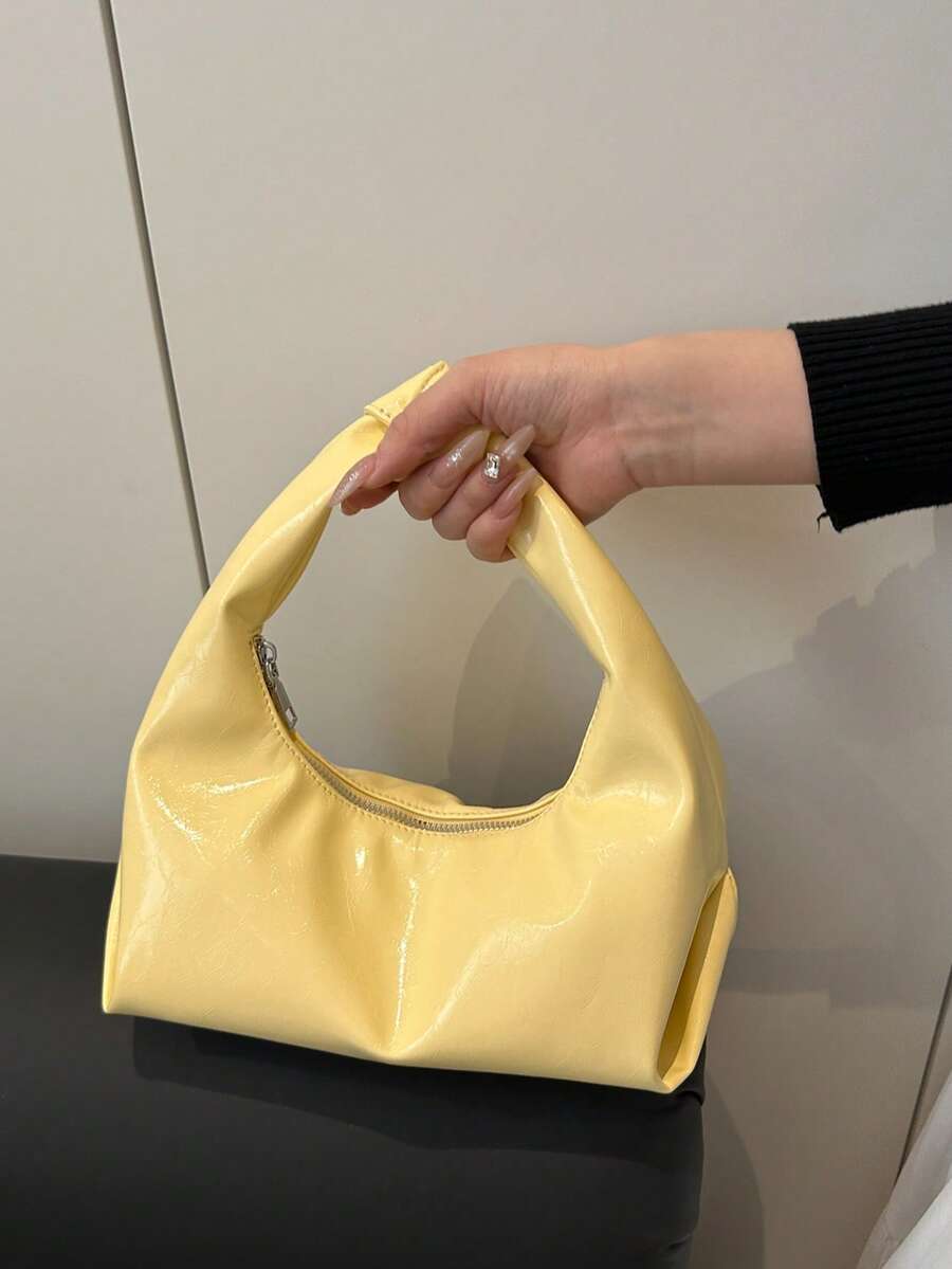 Fashionable Versatile Solid Color New PU Shoulder Bag, Casual Minimalist Texture Baguette Small Handbag For Women - Yellow - View 1