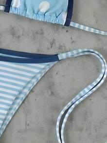 Bộ bikini kẻ sọc phối màu kiểu vintage mới, thanh lịch, gợi cảm, cổ yếm, dây buộc, cúp ngực tam giác, thích hợp cho bãi biển, kỳ nghỉ hoặc tiệc tùng, mùa xuân/hè. - Nhiều màu - Xem 7