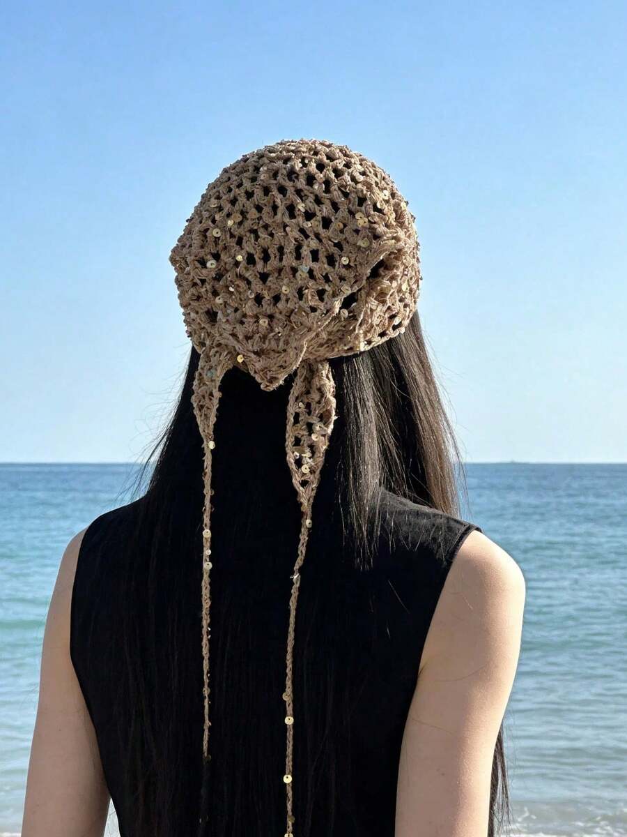 亮片性感女款繫帶三角圍巾夏季時尚髮帶，多功能裝飾，街頭、波希米亞、復古、時尚、廢土風、Y2K、街頭、日常穿搭、節慶派對、活動與出遊、海灘度假，女孩節慶禮物，髮飾頭飾 - 卡其色 - 查看 1