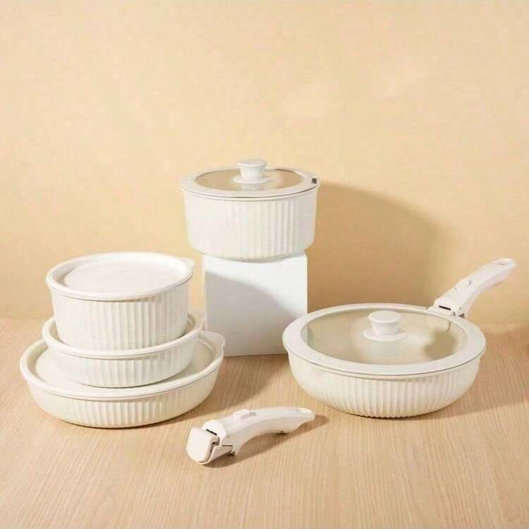 高品质陶瓷涂层不粘锅具套装，带可拆卸手柄，包括不粘煎锅、炖锅、带盖平底锅，可叠放，适合露营使用。 - 查看 11