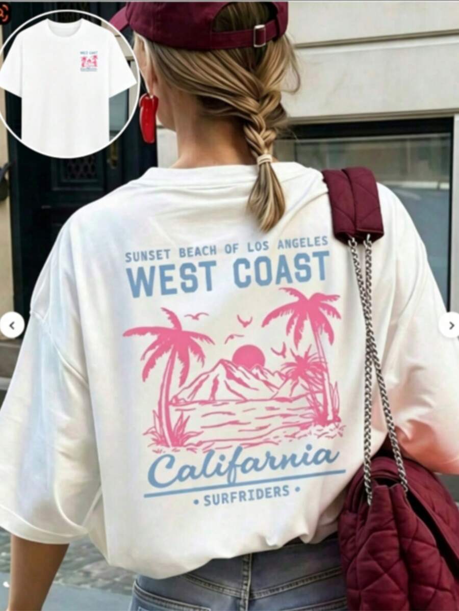 Summer Tops Mother's DayWomen's New Summer Casual Round Neck Short Sleeve T-Shirt, Simple Versatile Palm Tree Slogan Print, Suitable For Daily Wear. Graphic Tee, Women's T-Shirt Top Vacation.Loose And Comfortablesummer Clothes Easter - 白3 - 查看 1