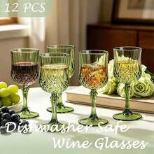 6/12pcs Plastic Wine Drinking Glasses, 7oz Green Plastic Vintage Champagne Vintage Wine Glasses, Unbreakable Goblets For Parties Wedding, Party, Red Wine Glass, Bars, Restaurants - 查看 4